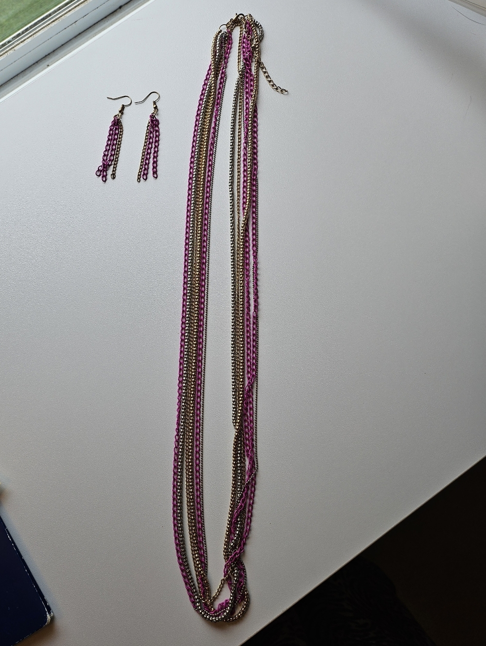 Multi-Strand Pink, Silver and Gold Chain Necklace with Matching Earrings